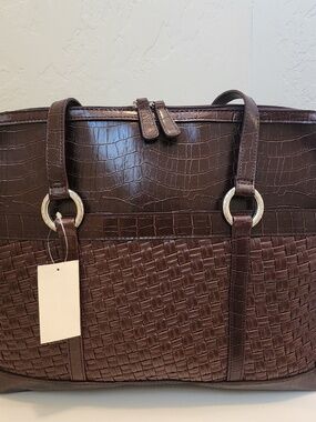 Coldwater Creek Hampton Computer Bag Brown Woven Faux Leather Office Work